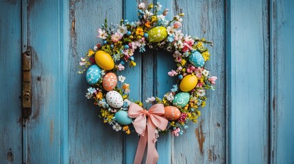 Sticker - A festive spring wreath adorned with colorful eggs, blossoms, and ribbons, hanging on a rustic wooden door