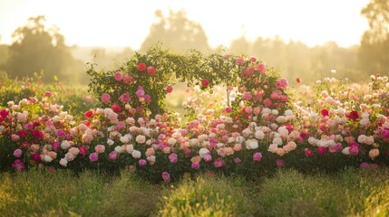 Wall Mural - A floral podium display in the middle of a spring rose field, highlighting the elegance of natural beauty.