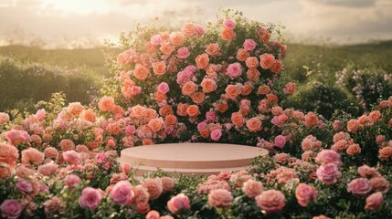 Wall Mural - A floral podium display in the middle of a spring rose field, highlighting the elegance of natural beauty.