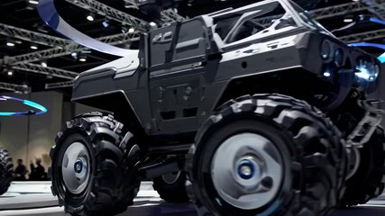 Poster - Innovative electric vehicles showcased at technology expo in modern exhibition hall