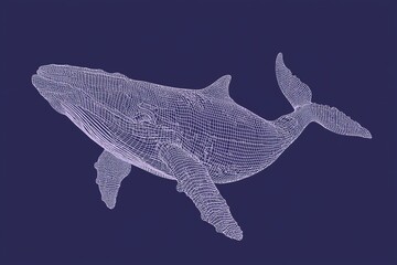 Poster - A low poly modern illustration of a starry sky or cosmos, featuring a blue whale composed of polygons. This digital concept of a marine animal consists of lines, dots, and shapes, with a wireframe