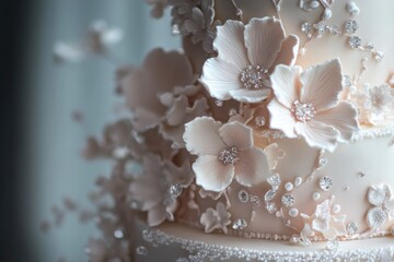 Wall Mural - Elegant Wedding Cake Decorated With Delicate Flowers And Crystals