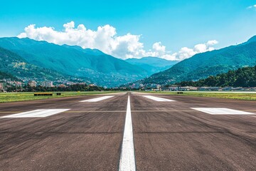 Canvas Print - Landing strip for planes to land or take off beneath a blue sky dotted with clouds.