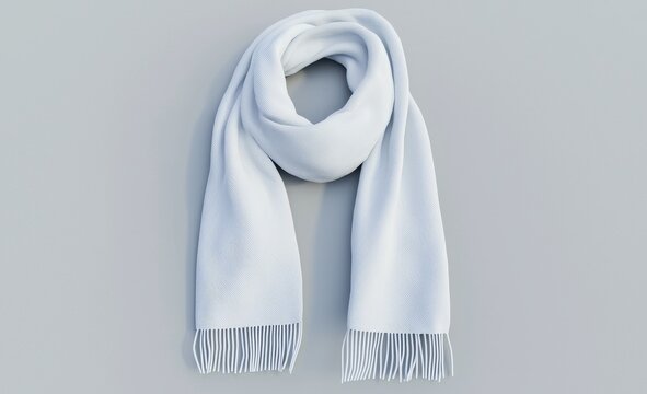 A set of isolated 3D renderings of a blank white knitted scarf, folded and unfolded. An empty Christmas apparel mock-up. A clear, soft handmade neckerchief template.