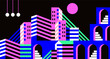 © SpicyTruffel - Geometric shapes. Abstract city geometry, fun color creative art. Minimal kid game, children style. Futuristic urban neon architecture, skyscrapers landscape, poster vector background design