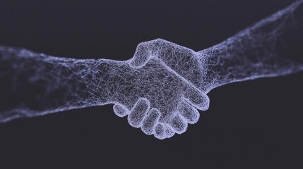 Poster - A visual of two glowing wire-frame hands shaking, conveying the concepts of technology, business, and trust.