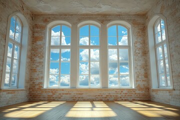 Poster - Empty Room with Brick Walls and Large Windows Showing a Cloudy Sky