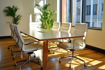 Poster - Modern Conference Room with Wooden Table and White Leather Chairs