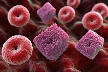 Poster - Microscopic View of Red Blood Cells and Cancer Cells