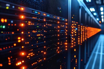 Poster - Server Racks with Illuminated Lights in a Data Center