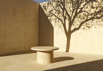 Poster - A minimalistic scene mockup with a stone product podium, including copy space for social media banners, promotions, and cosmetic product displays. The 3D rendering uses pastel cream and beige tones.