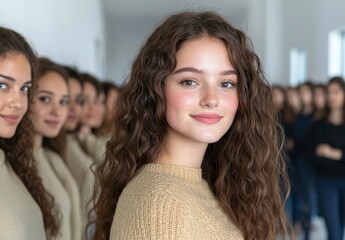 Poster - Close-up shot of a young woman in front of a group of young individuals.