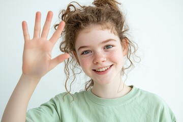 Poster - A young woman with an appealing appearance pressing a virtual button in front of a white background.