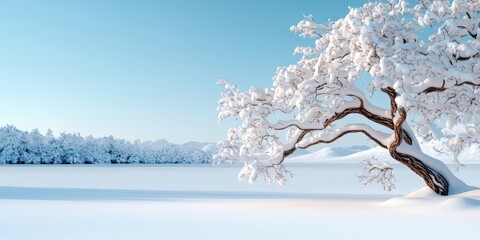 Wall Mural - Snowy landscape with a solitary tree covered in snow against a clear blue sky