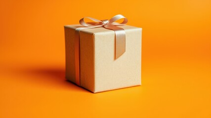 Canvas Print - A simply wrapped gift box with a beige bow sits on a vibrant orange background, awaiting the moment of unwrapping and discovery.