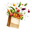 © AshrafSharif - A paper bag filled with vegetables flying out, white background, vector style, clipart, 2D design, colorful