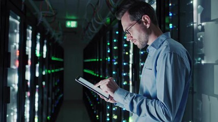 Leinwandbilder - Data center technician monitors server performance using tablet in high-tech facility