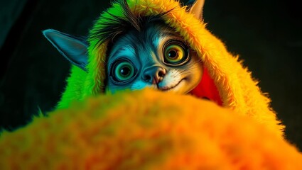 Cute playful pet-monster leaning over to viewer, low neckline , peeking out curiously ,wrapped in a neon fluffy blanket, detailed face with big eyes