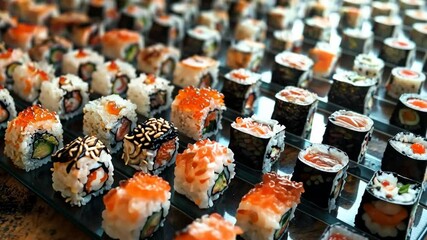 Wall Mural - Variety of Sushi Rolls and Seafood on Glass Platter Vibrant Toppings Display Generative Ai