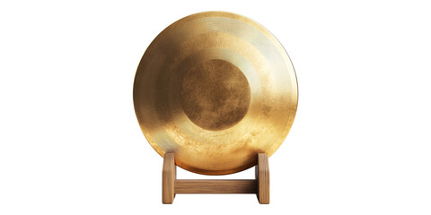 Golden decorative plate on wooden stand isolated on transparent background