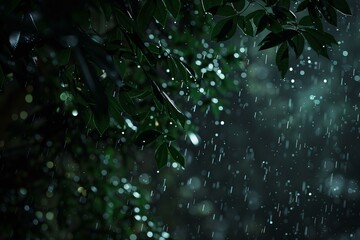 Poster - Rain is heavily falling on lush green leaves in a dark mysterious forest, creating a mesmerizing natural spectacle