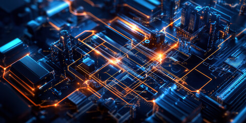 Poster - This image showcases a detailed and vibrant representation of a futuristic circuit board, illuminated by intricate light patterns that symbolize advanced technology and connectivity.