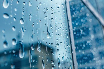 Poster - Close up of raindrops sliding down a glass window pane during a rainy day, creating a mesmerizing abstract pattern
