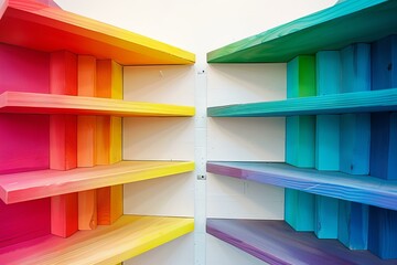 Poster - Empty rainbow shelves provide a colorful backdrop, ready for displaying items