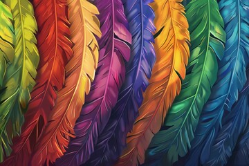 Poster - Colorful feathers are overlapping, creating a vibrant rainbow pattern, perfect for backgrounds and designs