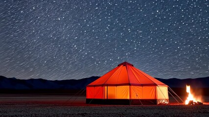 Sticker - Glowing Tent and Campfire Under Starry Night Sky in Desert with Stars Generative Ai