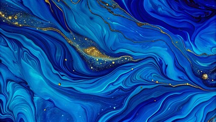 Naklejka na meble Hand painted background with mixed liquid blue and golden paints. Abstract fluid acrylic painting. Modern art. Marbled blue abstract background. Watercolor blue background design