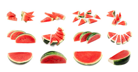 Wall Mural - Watermelon pieces isolated. Water melon wedges pile, chopped Citrullus lanatus, red wassermelone cuts group