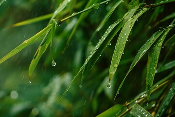 Poster - Fresh rain pouring on vibrant green bamboo leaves creates a tranquil and refreshing natural scene