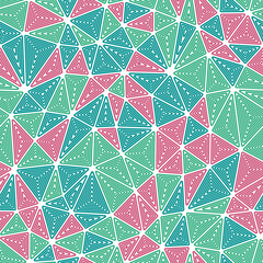 Poster - Abstract background with mosaic triangle shapes. Medium triangle size. Multiple repeated inner triangles. Multiple colors style. Repeatable pattern. Creative vector tiles.