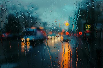 Poster - Raindrops streaming down a windowpane, blurring the city lights in the background on a dark, rainy evening