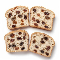 Poster - Four slices of freshly baked raisin bread, garnished with sunflower seeds, lie on a clean white surface