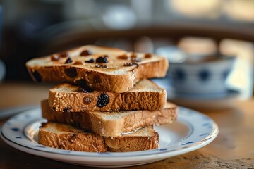 Poster - Toasted slices of bread with raisins, drizzled with honey, stacked on a plate, ready for a delicious and energizing breakfast