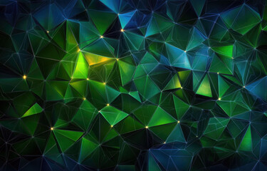 Poster - A captivating abstract background featuring an intricate blend of green and blue triangular shapes, creating a vibrant and dynamic visual experience.
