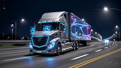 Poster - High-tech truck showcases advanced design and illuminated features on urban highway at night