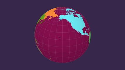 Poster - Spinning Earth. Slanted sphere view. Slow speed planet rotation. Colored continents style. World map with sparse graticule lines on dark background. Emotional animation.