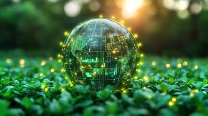 Fototapete - A transparent globe with digital elements displays data and connections, resting on lush green plants. The setting sun casts a warm glow, highlighting the balance between nature and technology.