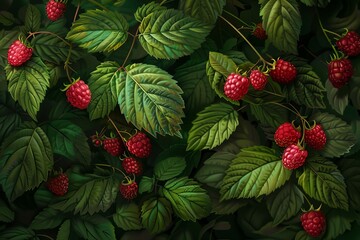 Poster - Close up of ripe red raspberries growing on a healthy green raspberry bush, ready for picking