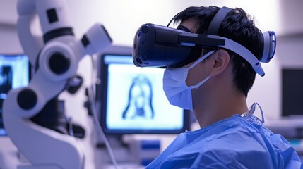 Poster - A researcher wearing a virtual reality headset engages in a computer-based experiment.
