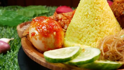 Wall Mural - Close Up cone shaped yellow rice served with crispy fried chicken, red sambal, sambal egg, fried vermicelli, fresh cucumber slices, along with red onions, garlic, and peppercorns in small bowls.