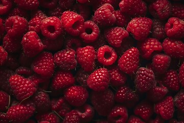 Poster - close up of juicy, ripe raspberries creating a vibrant and textured background, ideal for food and b