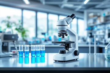 Poster - Laboratory microscope with test tubes and blue liquid on a table in a scientific workspace.