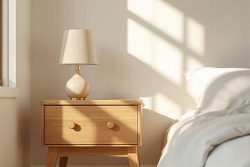 Wall Mural - Wooden bedside table with lamp in cozy bedroom interior.