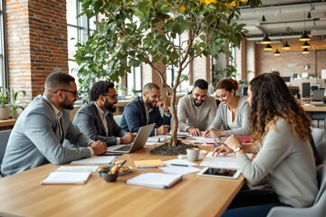 Aufkleber - Business team collaborating at a table with a small tree centerpiece in a modern office setting.
