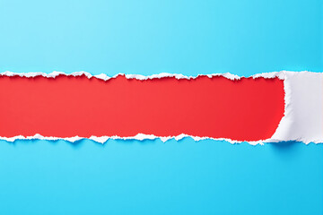 Poster - Torn paper effect on blue background showing a red strip.