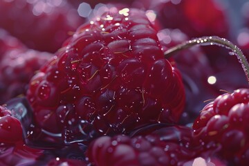 Poster - close up of juicy raspberries glistening with water droplets, conveying freshness and a healthy appe